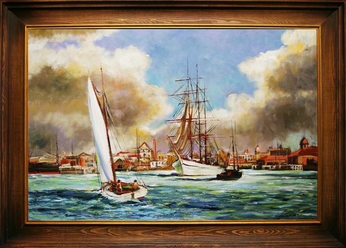 Gemälde Yacht Hafen Meer Öl Schiffe Ölbild Bild Ölbilder Rahmen Bilder G05708