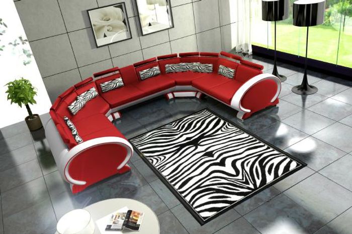 Ledersofa mit USB Polstersofa Sofa Garnitur Wohnlandschaft Eckcouch Ecksofa Rot