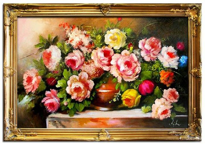 Rosen Blumen Ölgemälde Bild Gemälde Ölbilder Ölbild Bilderrahmen Rahmen G00570