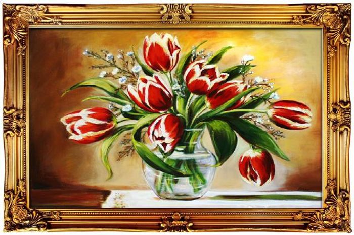 Tulpen - Blumen Pflanzen Bild Bilder Gemälde Ölbilder Ölbild Mit Rahmen - G02827