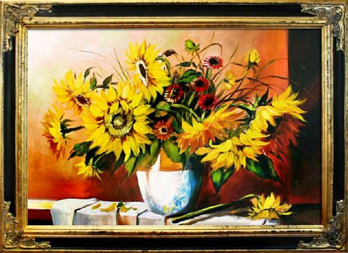 Sonnenblumen - Blumen Pflanzen Bilder Gemälde Ölbilder Ölbild Mit Rahmen G01852
