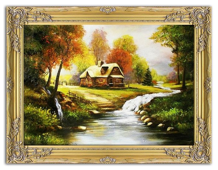 Gemälde Natur Hütte Wald Handarbeit Ölbild Bild Ölbilder Rahmen Bilder G05923