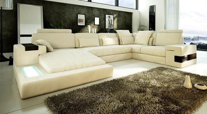 Ledersofa USB Design Sofa U Form Wohnlandschaft Couch Polster Ecksofa Neu LED