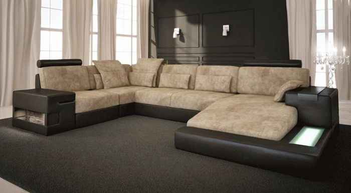 Ecksofa Sofa Wohnlandschaft U Form Polster Couch Ledersofa Stoff Leder USB + LED