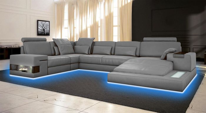 Großes Sofa Wohnlandschaft Ledersofa mit USB Design Sofa Couch Polster Ecksofa
