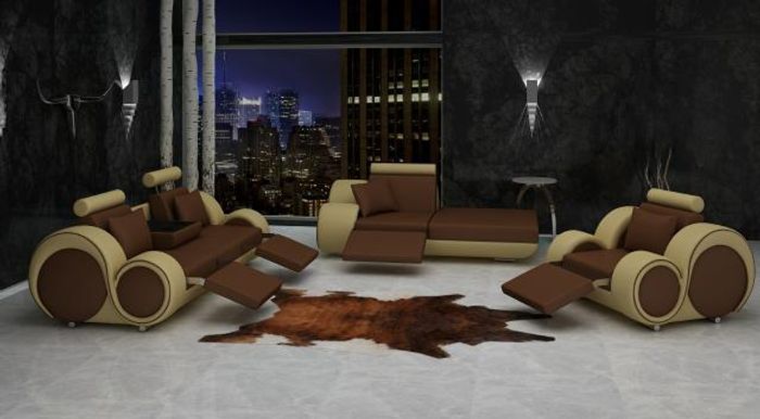 Sofa Garnitur Leder & Textil Stoff + USB,Sofagarnitur 3+Chaise+1 Wohnlandschaft
