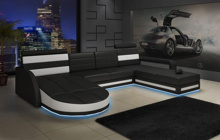 XXL WOHNLANDSCHAFT COUCH GARNITUR DESIGN ECKCOUCH Schwarz LEDERSOFA mit USB Neu