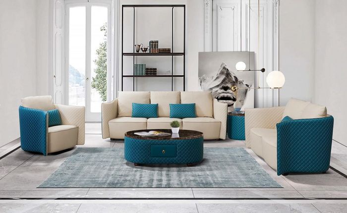 Designer Sofa Couch Polster Garnitur 5tlg. Set Leder Garnituren Couchtisch Tisch