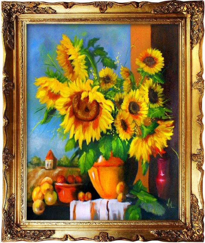 Sonnenblumen - Blumen Pflanzen Bilder Gemälde Ölbilder Ölbild Mit Rahmen G01746