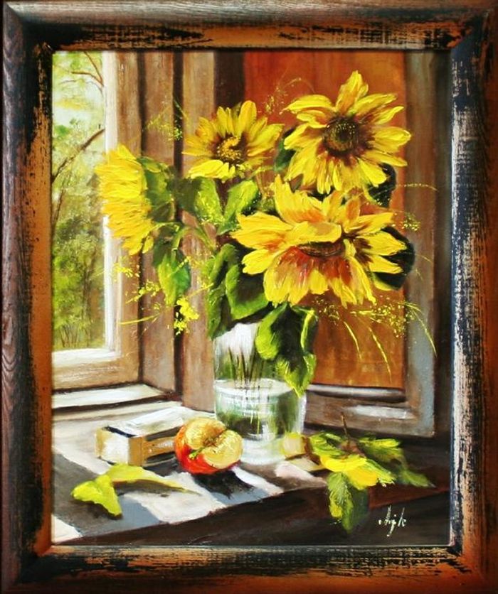 Sonnenblumen - Blumen Pflanzen Bilder Gemälde Ölbilder Ölbild Mit Rahmen G02826