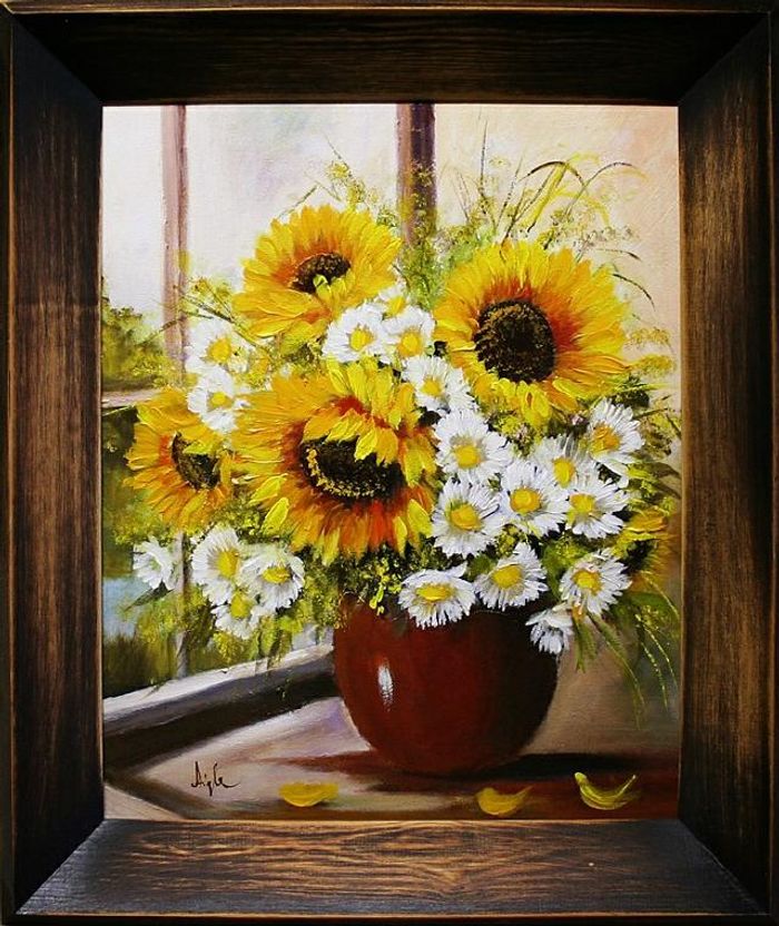 Sonnenblumen - Blumen Pflanzen Bilder Gemälde Ölbilder Ölbild Mit Rahmen G03295