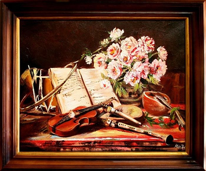 Gemälde Musikinstrumente Handarbeit Ölbild Bild Ölbilder Rahmen Bilder G04892
