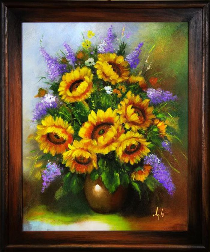Sonnenblumen - Blumen Pflanzen Bilder Gemälde Ölbilder Ölbild Mit Rahmen G16103