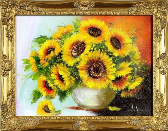 Sonnenblumen - Blumen Pflanzen Bilder Gemälde Ölbilder Ölbild Mit Rahmen G16627