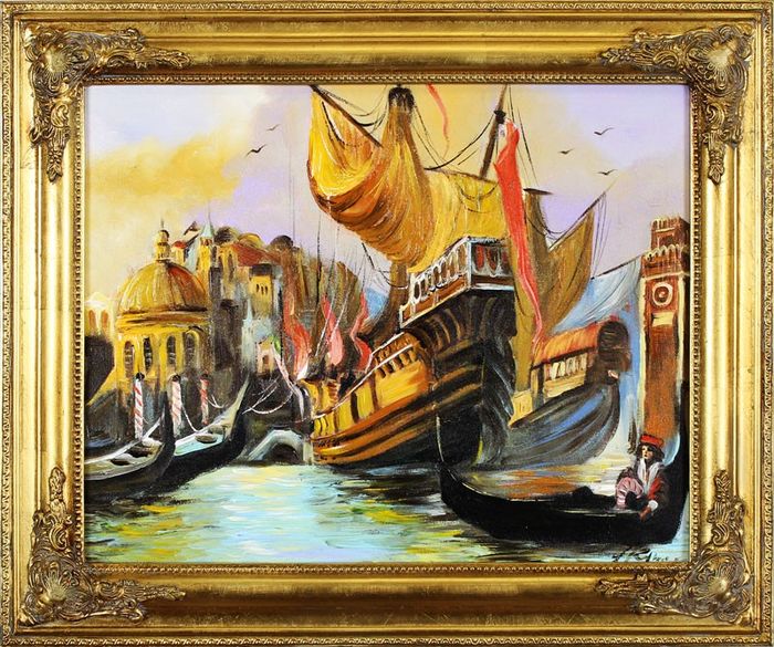 Gemälde Venedig Hafen Handarbeit Schiff Ölbild Bild Ölbilder Rahmen Bilder 16678