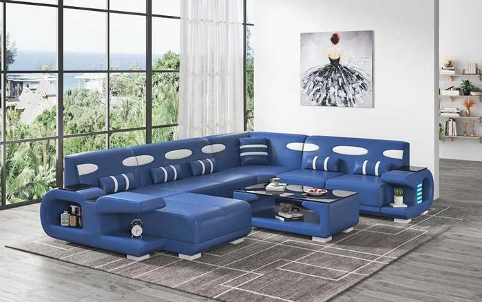 Wohnlandschaft XXL Sofa U Form Groß Ecksofa Ledersofa Blau Sofas Neu