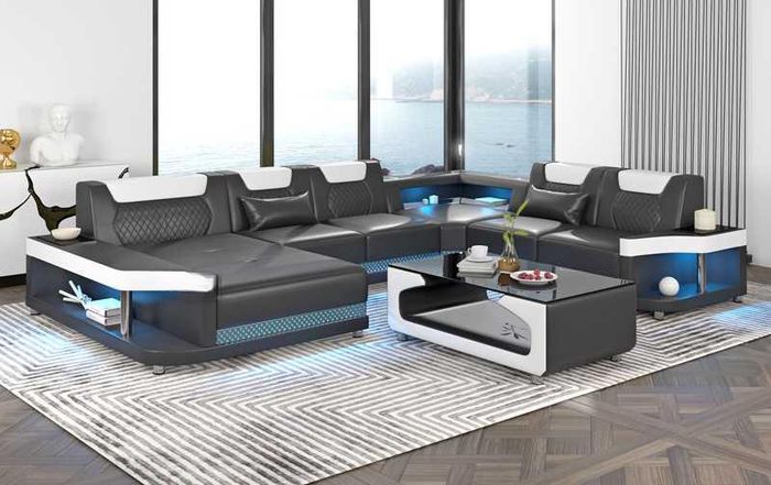 Großes Sofa Wohnlandschaft LED XXL U Form Ecksofa Ledersofa Schwarz