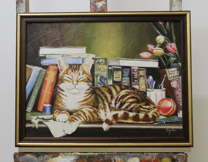 Tier Tiere Malerei Leinwand Katze Handarbeit Rahmen Öl Gemälde Bilder G96337