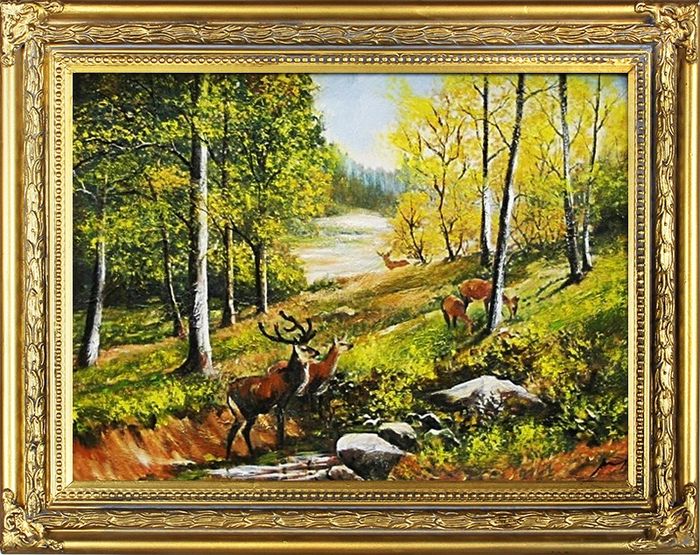 Gemälde Natur Rehe Wald Handarbeit Ölbild Bild Ölbilder Rahmen Bilder G01961