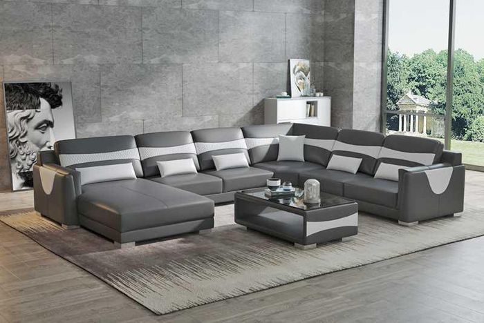 Wohnlandschaft Sofa U Form Groß Ecksofa Ledersofa Grau Kunstleder Neu