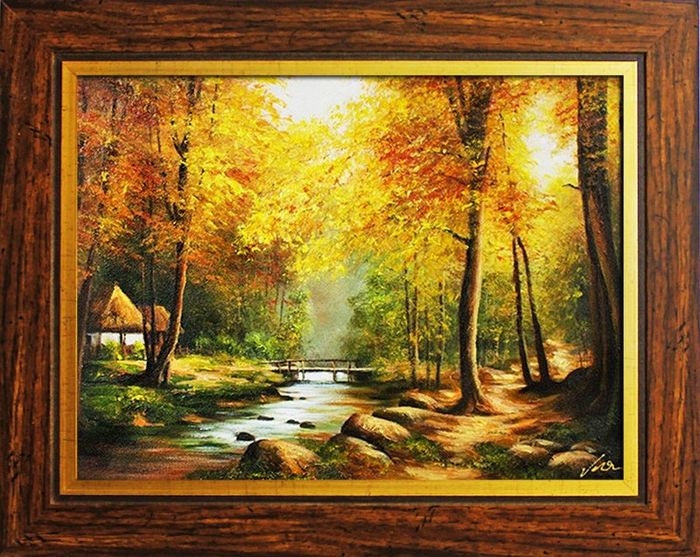 Gemälde Natur Wald Brücke Handarbeit Ölbild Bild Ölbilder Rahmen Bilder G05404
