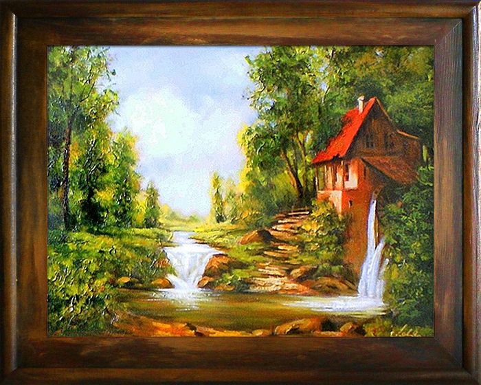 Gemälde Natur Hütte Wald Handarbeit Ölbild Bild Ölbilder Rahmen Bilder G15871