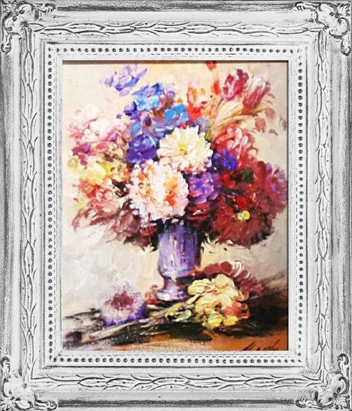 Blumenstrauß Blumen Vase Gemälde Ölgemälde Bilder Bild Ölbild Mit Rahmen G04327