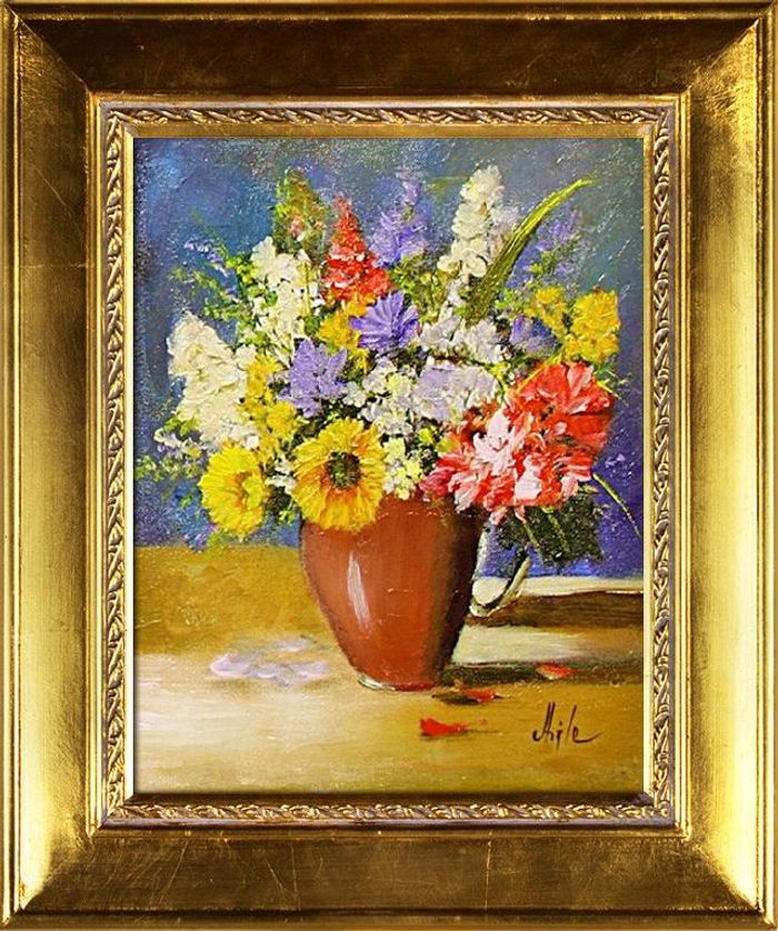 Blumenstrauß Blumen Vase Gemälde Ölgemälde Bilder Bild Ölbild Mit Rahmen G05067