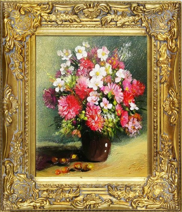 Blumenstrauß Blumen Vase Gemälde Ölgemälde Bilder Bild Ölbild Mit Rahmen G05175