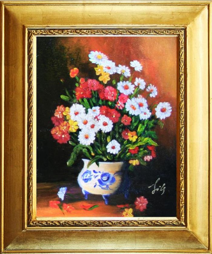 Blumenstrauß Blumen Vase Gemälde Ölgemälde Bilder Bild Ölbild Mit Rahmen G06003