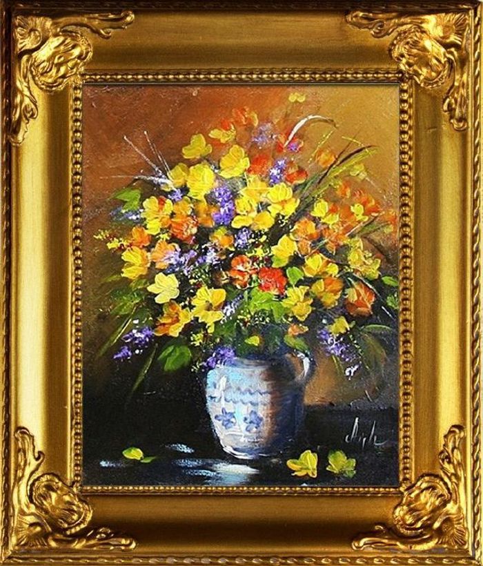 Blumenstrauß Blumen Vase Gemälde Ölgemälde Bilder Bild Ölbild Mit Rahmen G06213