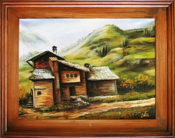 Gemälde Natur Alte Berghütte Handarbeit Ölbild Bild Ölbilder Rahmen Bilder 06426
