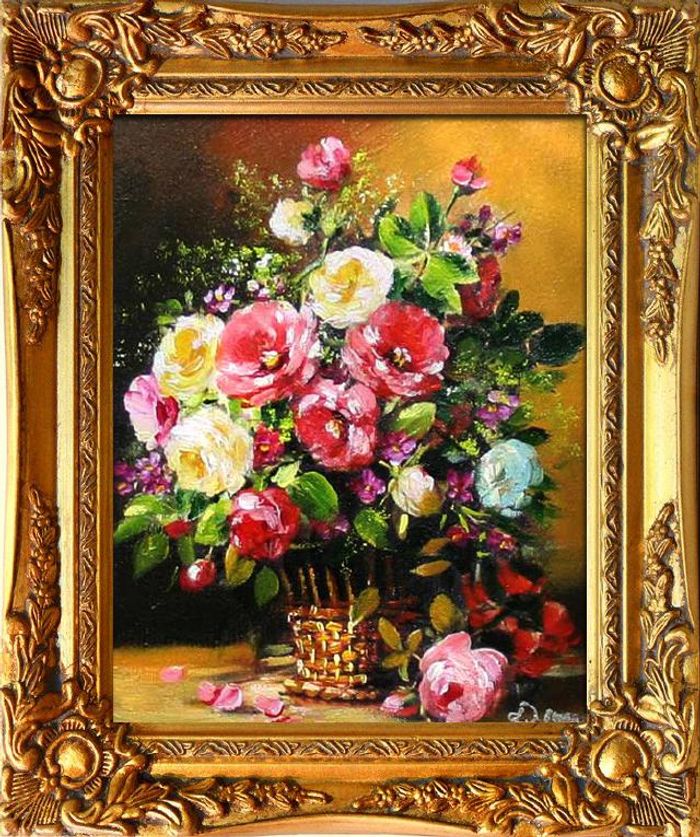 Blumenstrauß Blumen Vase Gemälde Ölgemälde Bilder Bild Ölbild Mit Rahmen G01131