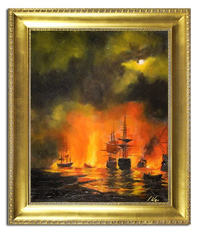 Ölbild Bild mit Rahmen Kriegsschiffe Schlacht Öl Gemälde Handarbeit Leine G96567