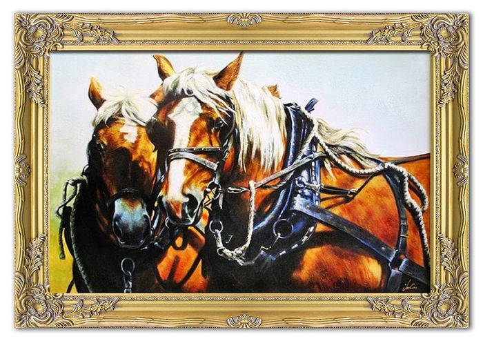 ÖLBILD ÖLGEMÄLDE PFERDE PFERDZUG PFERD GEMÄLDE MIT RAHMEN 75 X 105 CM G03897