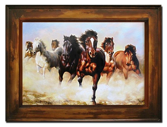 ÖLBILD ÖLGEMÄLDE PFERDEHERDE PFERD PFERDE GEMÄLDE MIT RAHMEN 86X116 CM Ölbilder