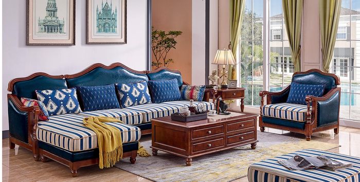 Blaue Ecksofa Couch mit Sessel Kolonial Sofa Couchen Holz Möbel Antik Stil Sofas