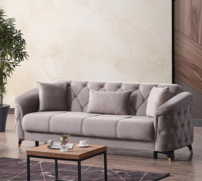 Design Wohnzimmer Luxus Sofa 3 Sitzer Chesterfield Sofa Beige Textil Modern