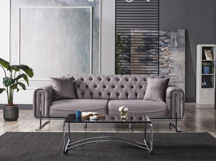Chesterfield Grau Textil Polster Sofa Design Modern Sofas 3 Sitzer Luxus Couch