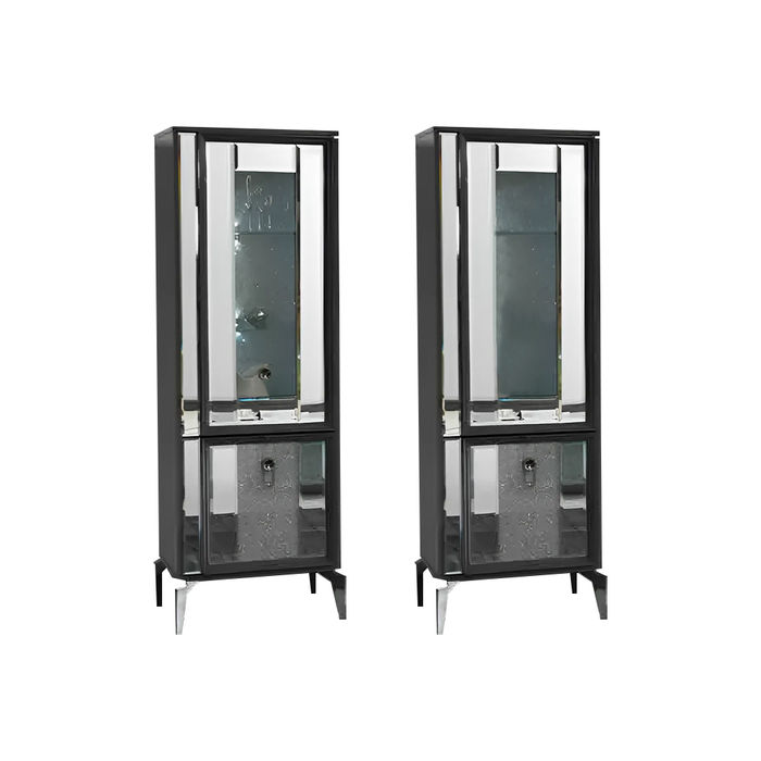 Garnitur Vitrinen Schränke Anrichte Grau Anbauschrank Vitrine Set 2tlg