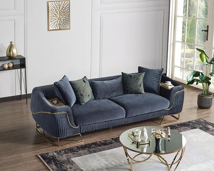Design Wohnzimmer Luxus Sofa 3 Sitzer Chesterfield Sofa Blau Textil Hochwertig
