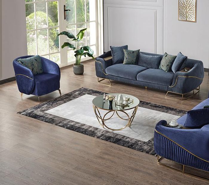 Wohnzimmer Sofagarnitur Blau Dreisitzer Sessel Luxus Couch Set 3 1 Sitzer