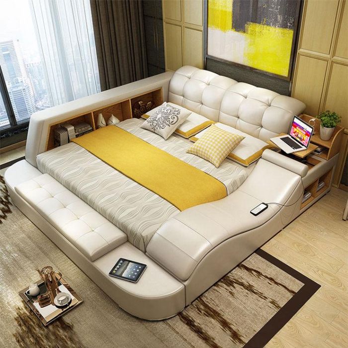 Luxus Funktions Bett mit Tresor Laptop Ablage Doppel Ehe Betten xxl Hotel Leder