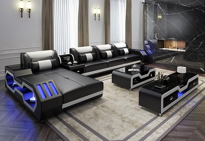 Leder Design Sofa Couch Polster Ecksofa Garnitur Wohnlandschaft Ecksofa LED Neu