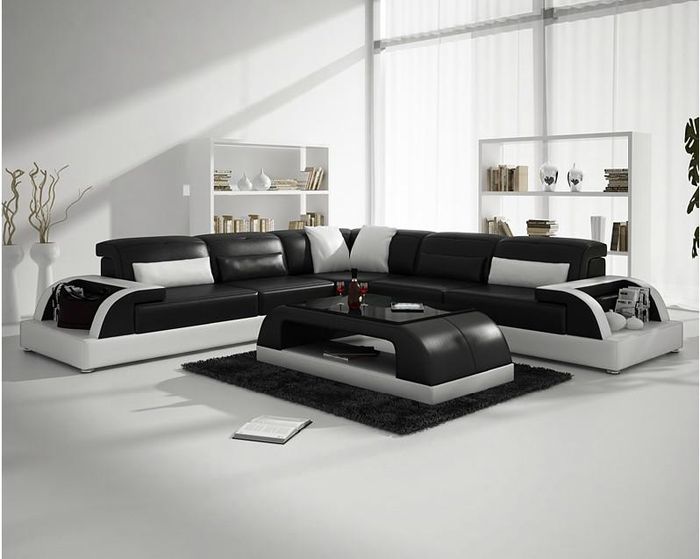 Ecksofa L-Form + Couchtisch Sofa Couch Design Grau Polster Leder Modern Schwarze