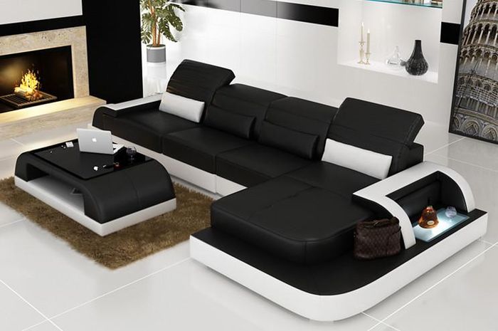 Wohnlandschaft Ecksofa Ledersofa Eck Couch Sofa mit Regal Polster Led Schwarz