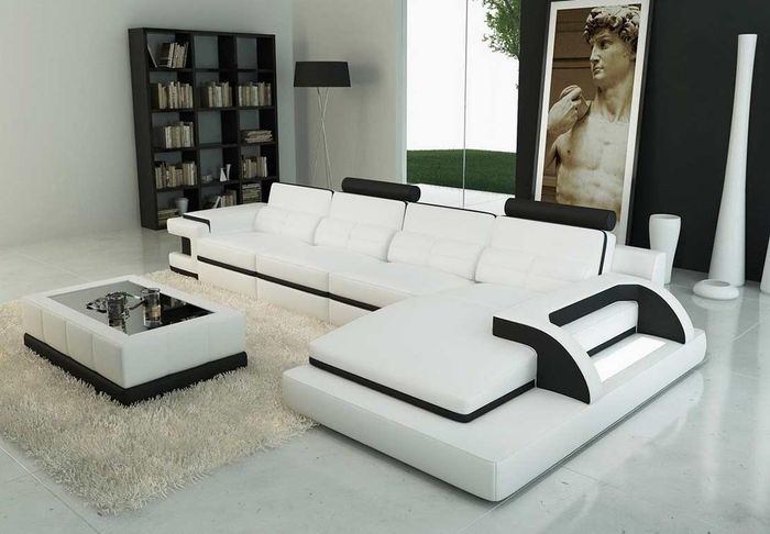 Ecksofa L-Form Sofa Couch Design Grau Polster Leder Modern Beleuchtete Weiße