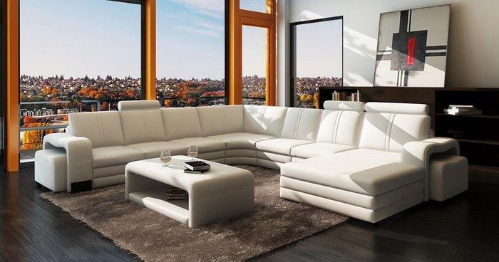 Ecksofa U-Form + 2x Hocker + Couchtisch Couch Design Grau Polster Leder Modern