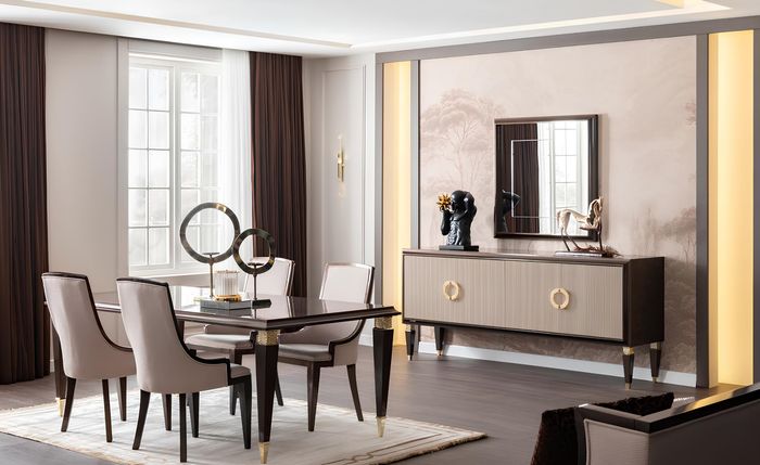 Esszimmer Set: Tisch, 6 Stühle, Sideboard & Spiegel – stilvoll & modern