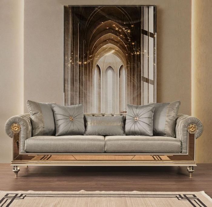 Dreisitzer Couch Sofa Sitzer Grau Stoff Stoffsofa Klassisch Holz Gold
